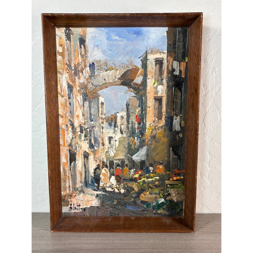 Giuseppe Elettro Original Oil Painting of an Italian Street- Framed 13"x9"